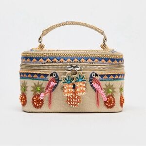NEW Zara Beige Beaded Embroidered Cosmetic Case with Parrot and Pineapple Design